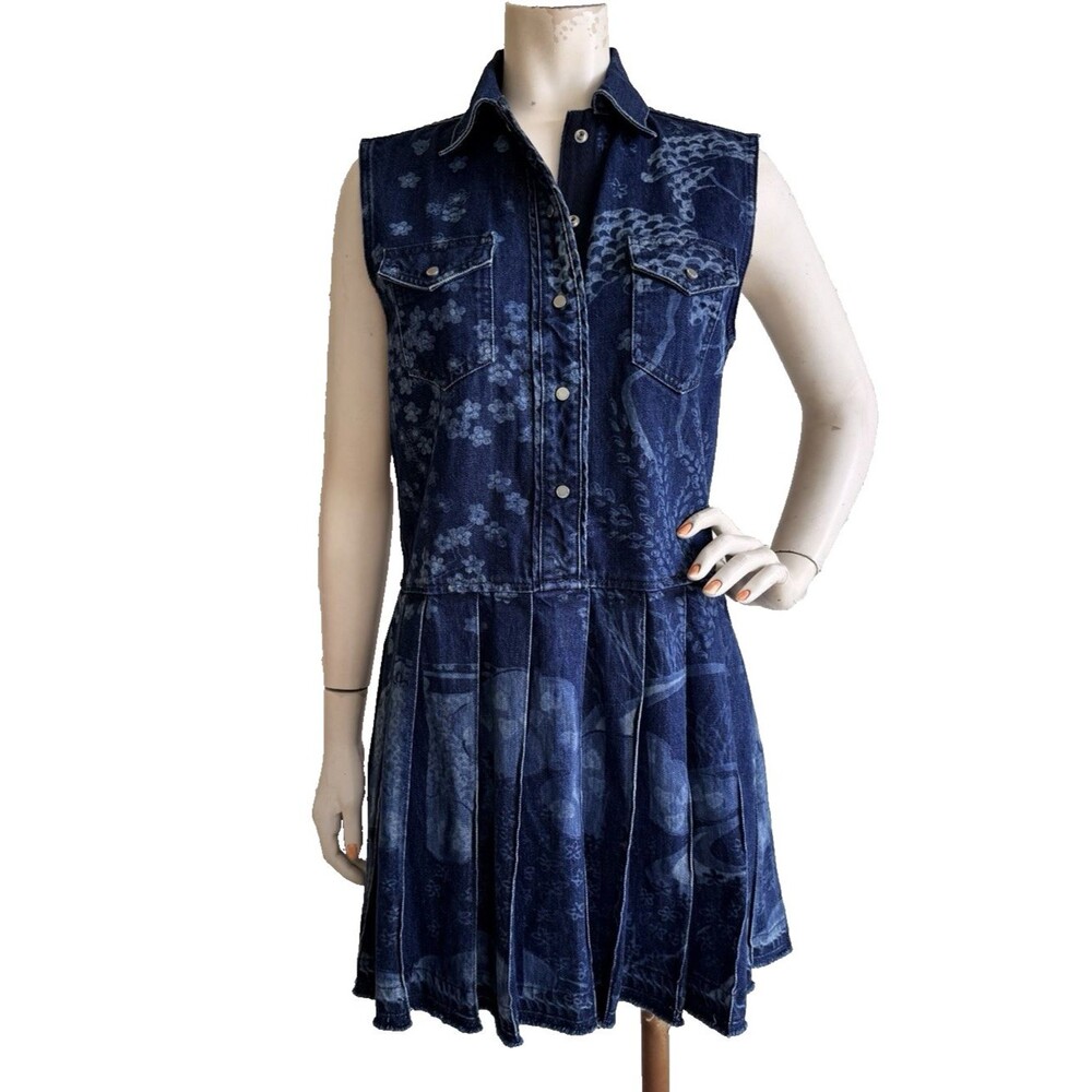 Red VALENTINO Dark Blue Denim Dress Pleated Mini Raw Hem Sleeveless Size M